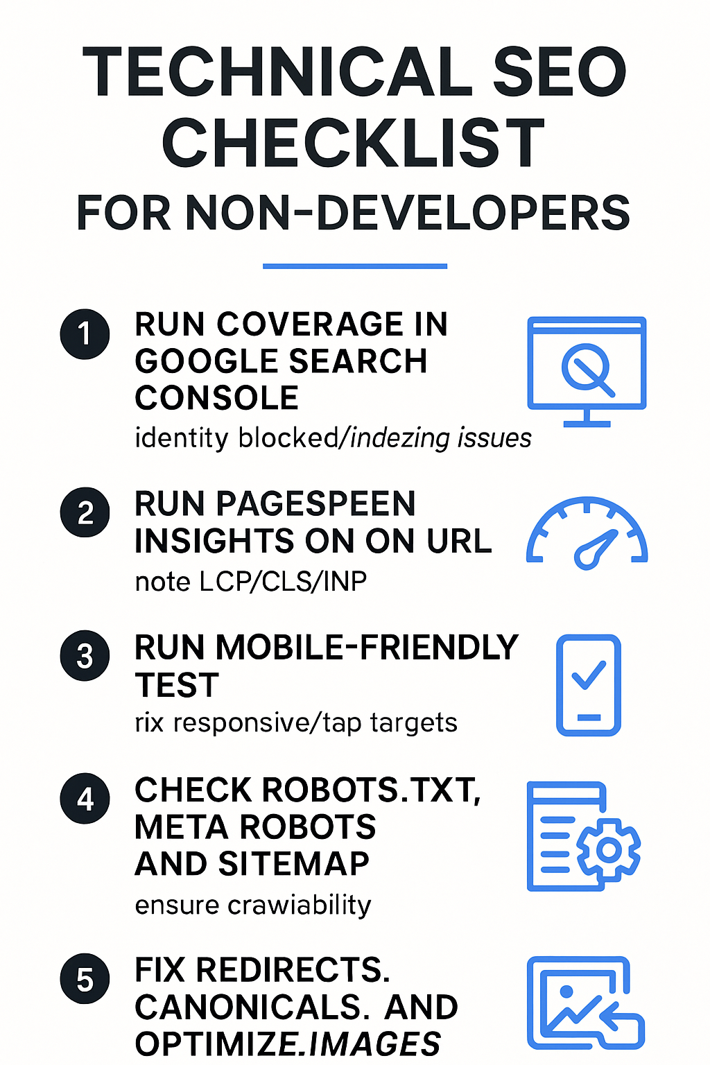 Infographic showing five labeled steps: Search Console Coverage, PageSpeed Insights, Mobile-Friendly Test, robots/sitemap checks, and redirects/canonical/image fixes.