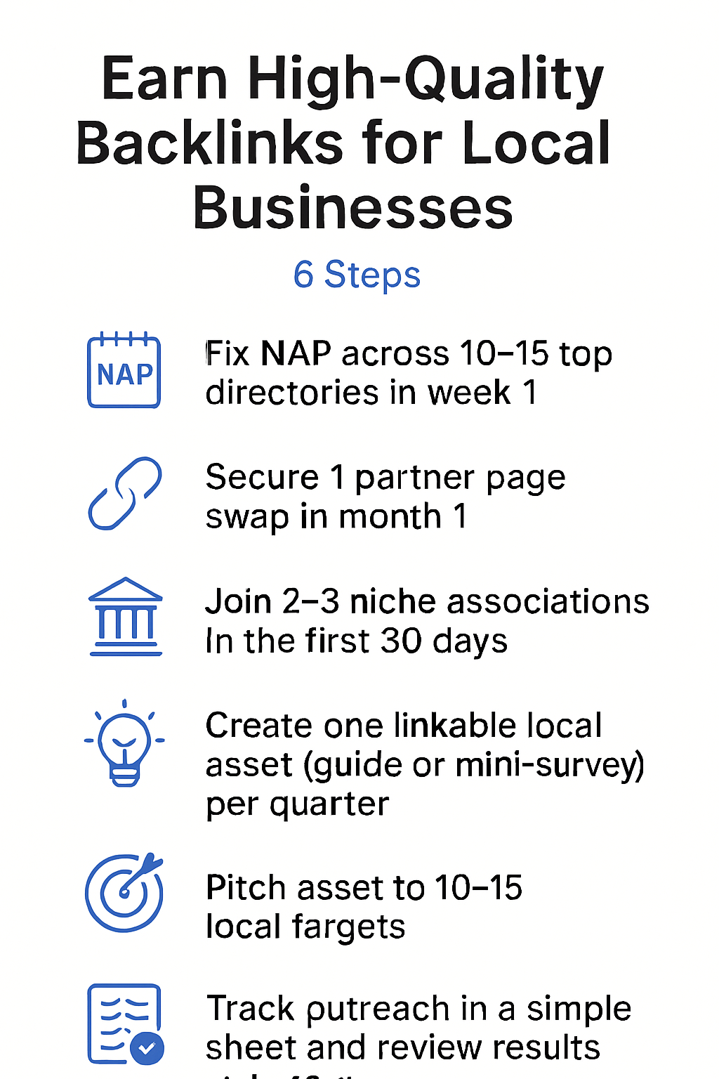 Six-step infographic showing weeks/days and concrete targets: 10–15 directories, 1 partner swap, 2–3 associations, 1 quarter asset, pitch to 10–15 targets, track and review at 6–12 weeks